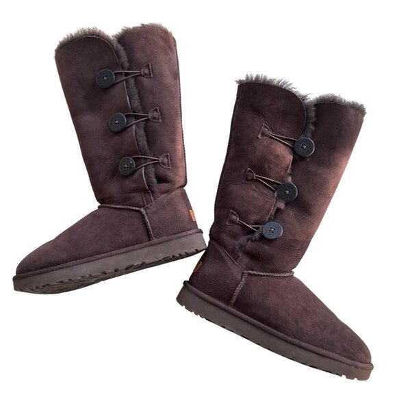 UGG Bailey Button Triplet II Tall Boots Women’s 10 Chocolate Brown Suede Fur - Picture 7 of 16